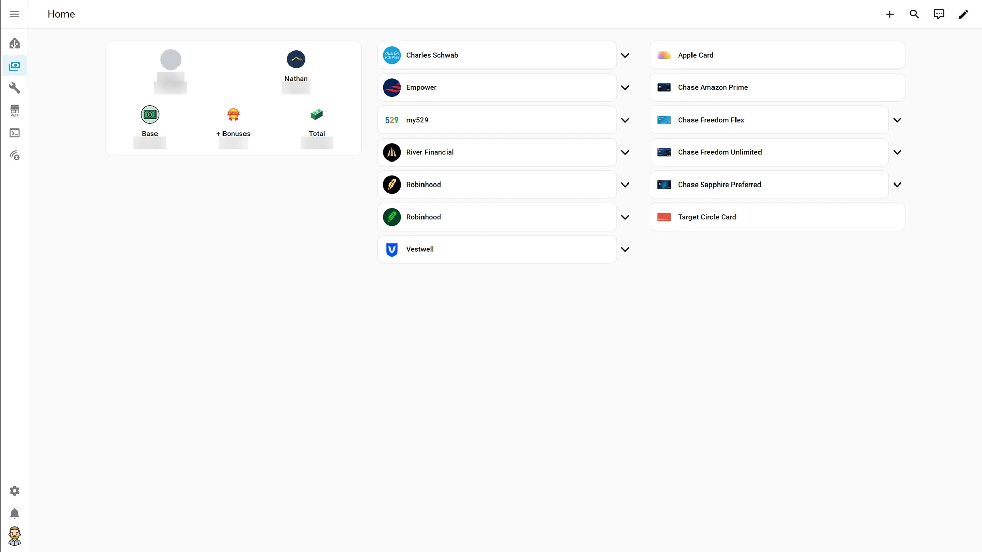 Finance dashboard on desktop: income summary, accounts by institution, and credit cards, with dollar figures blurred
