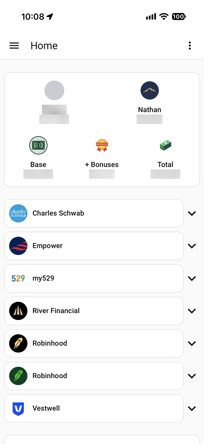 Finance dashboard on iPhone with dollar figures blurred