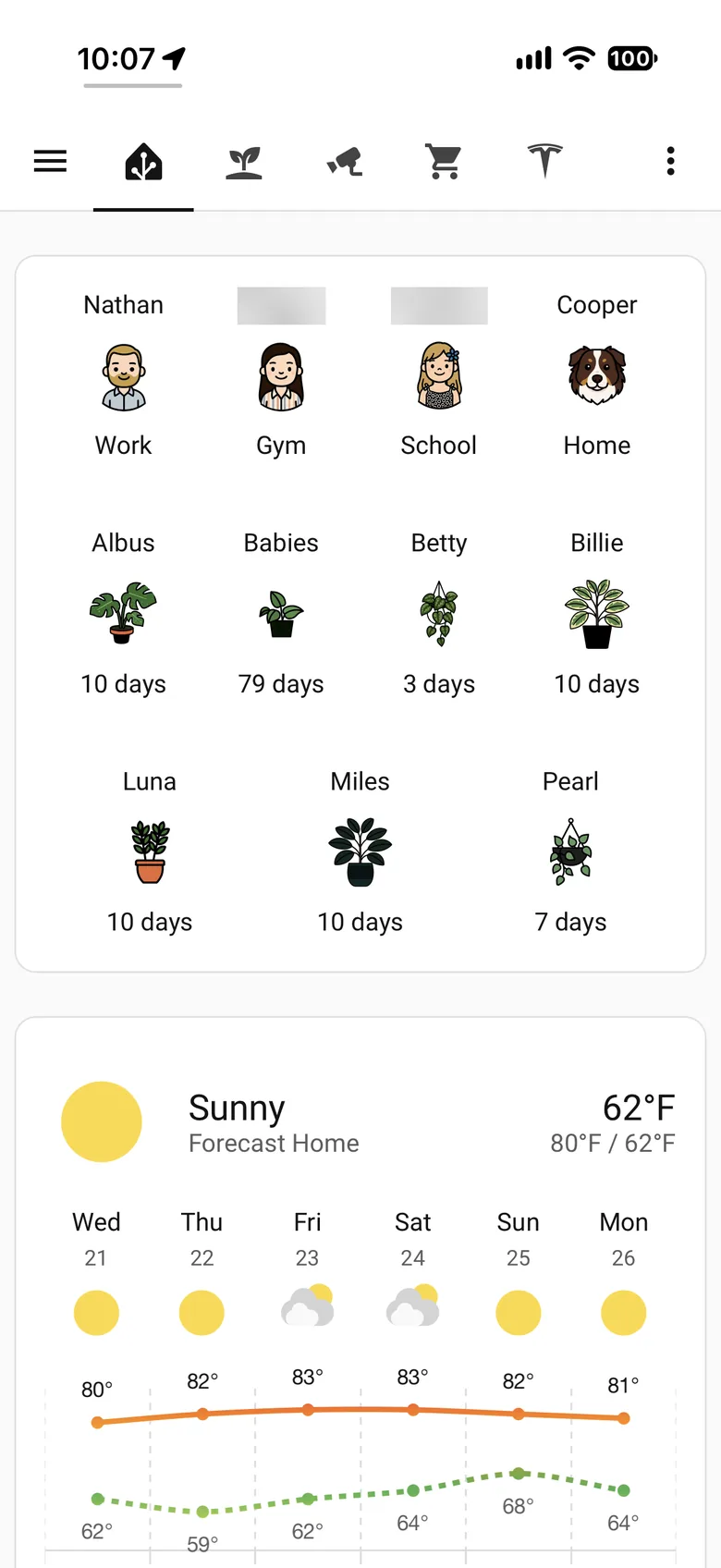 Main dashboard on iPhone: family status, plants, and the weekly forecast
