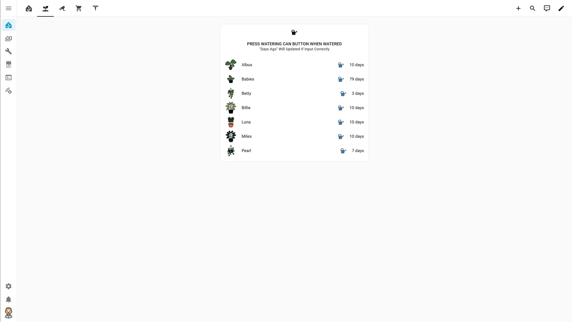 Plant tracker on desktop with seven plants and days since each was watered