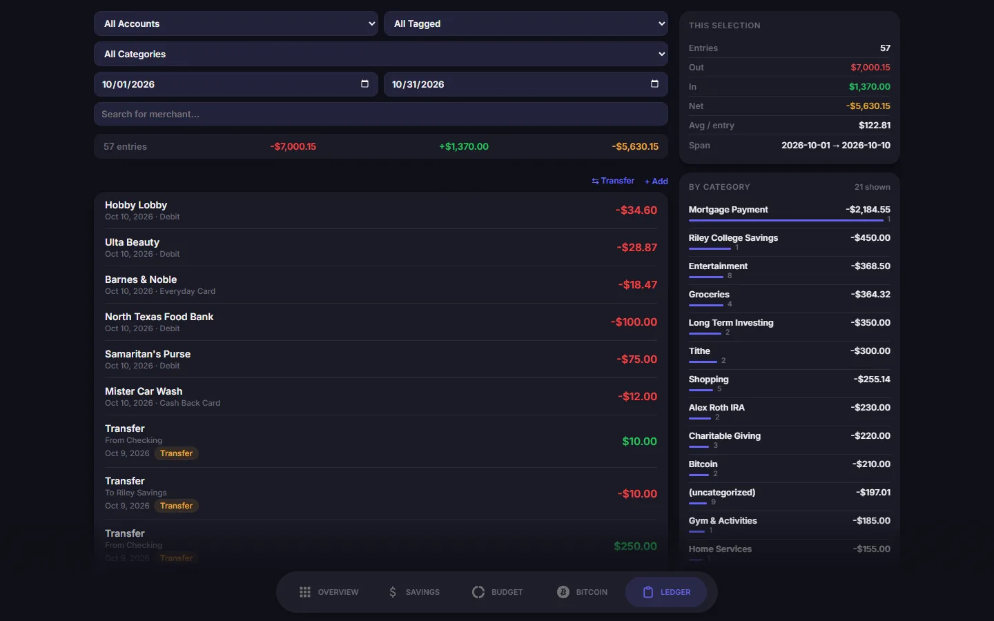 Desktop ledger with filters, transaction list, and live category breakdown