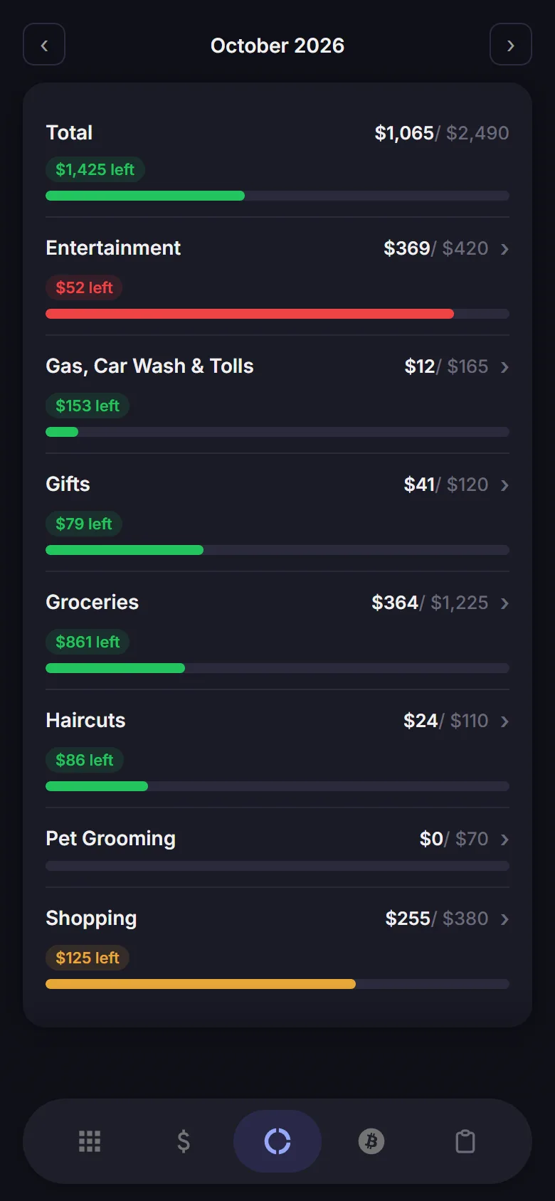 Budget screen with category progress bars for the month