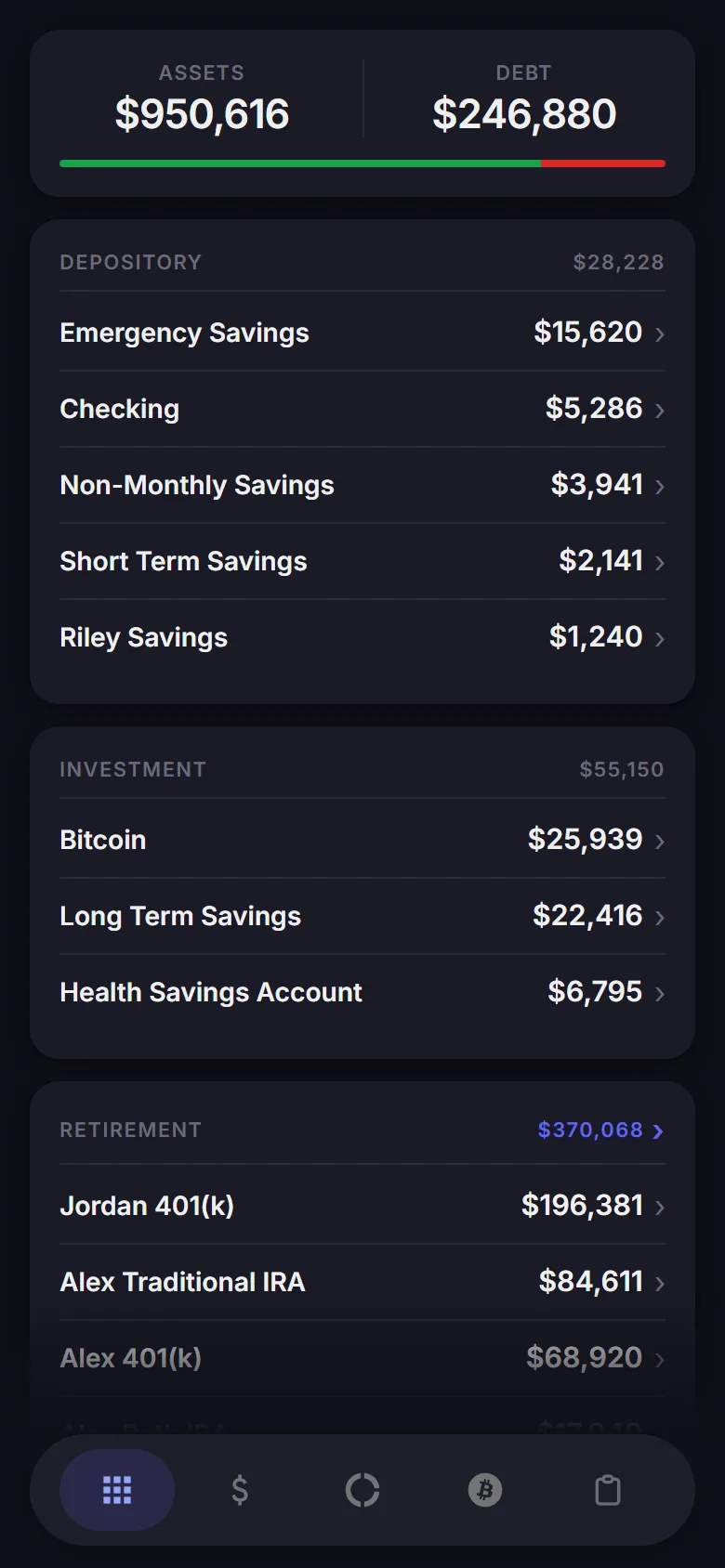 Finance app demo overview screen showing assets, debt, and grouped account balances