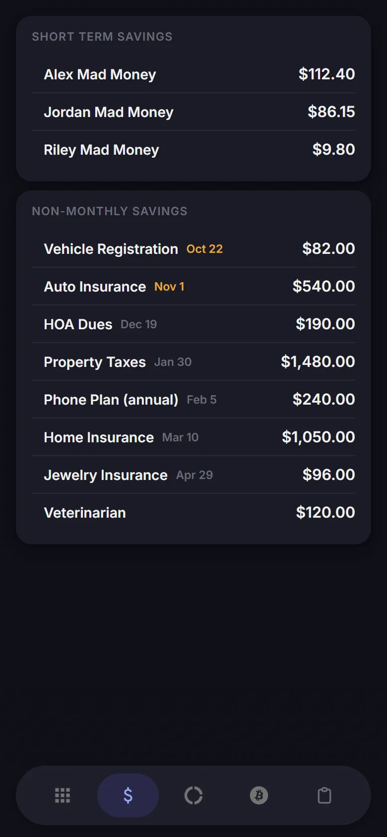Savings screen with Mad Money envelopes and non-monthly sinking funds